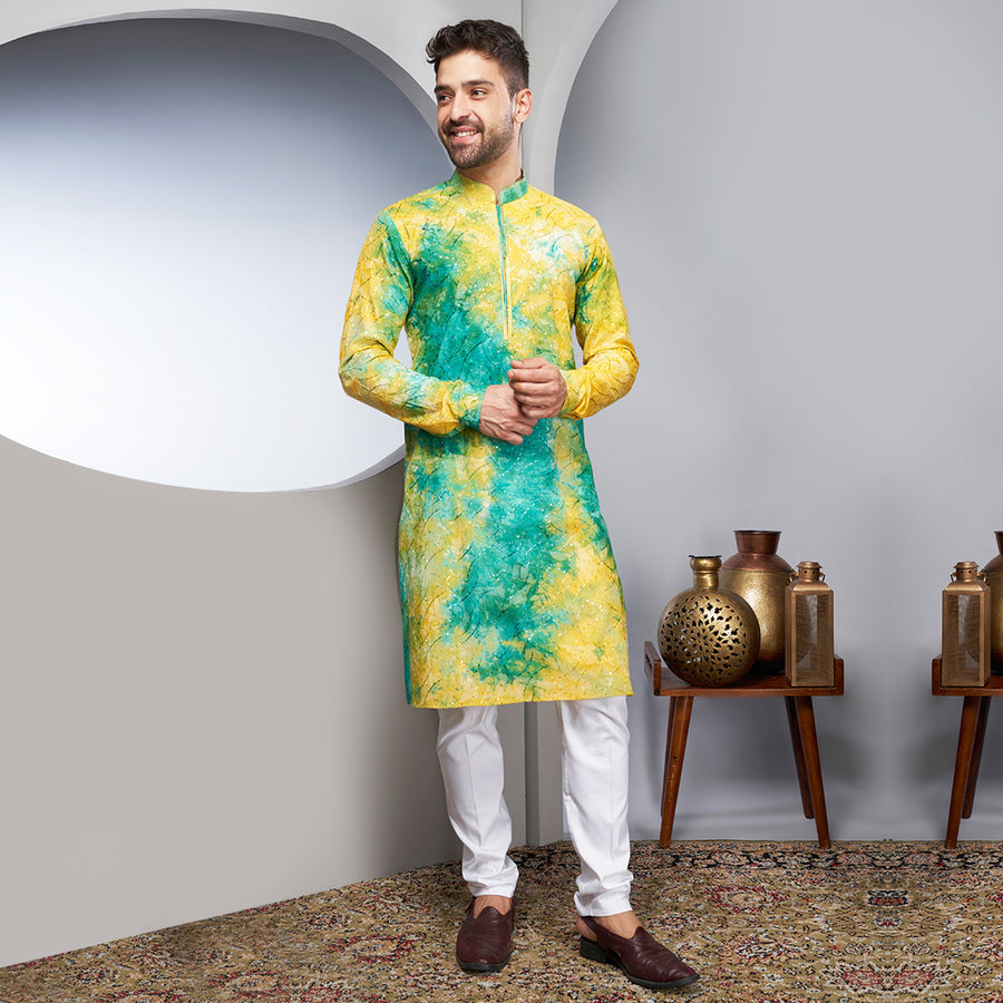 Tie-Dye Patterned Sequin Silk Kurta In Yellow And Blue.