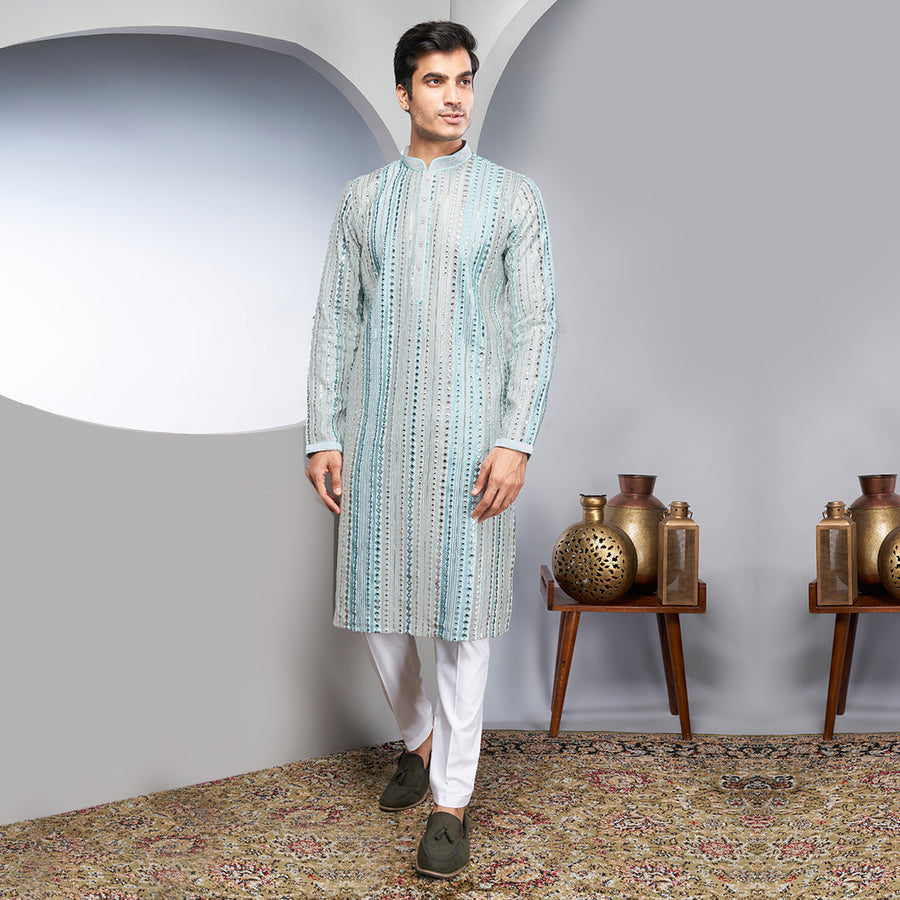 Silk Kurta With A Mirror-Worked Blue And Grey Striped Design