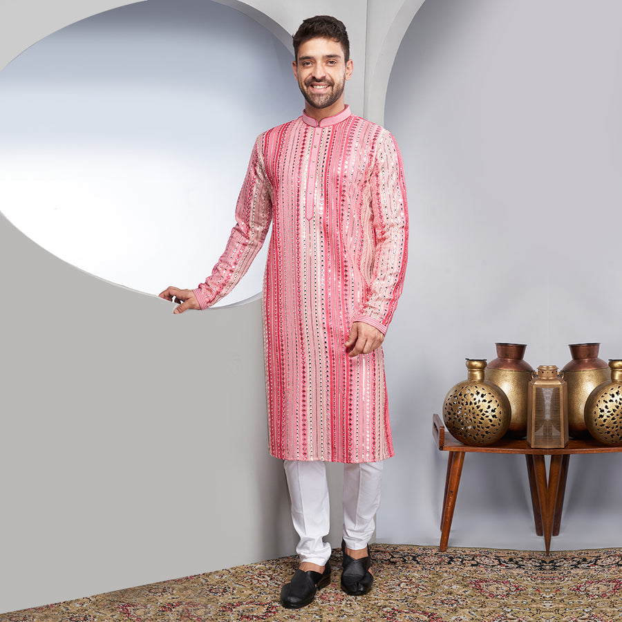 Pink Silk Kurta With A Mirrorwork Striped Design