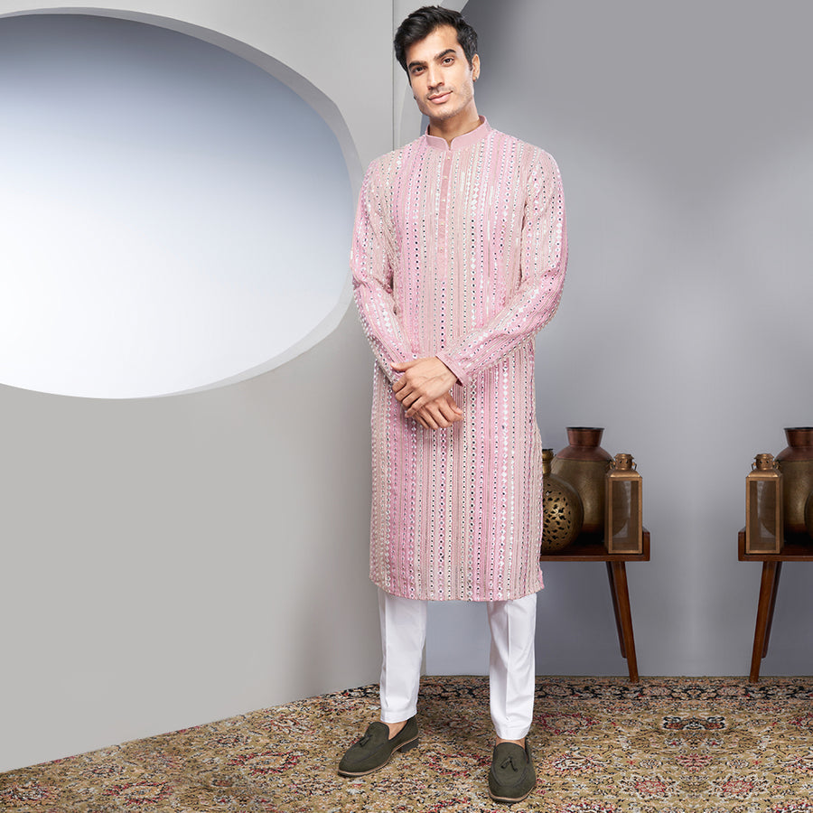 Silk Kurta With A Mirror-Worked Lavender And Cream Striped Design