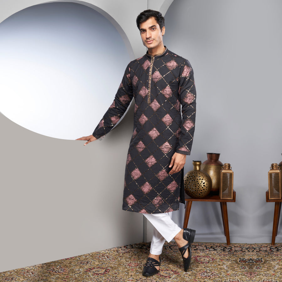 Men's sequin kurta with a geometric motif in black and pink