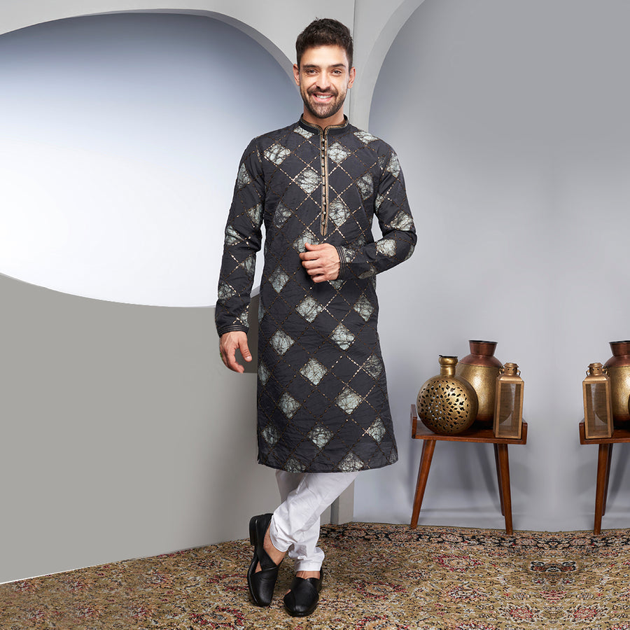 Men's geomteric print sequin kurta for men