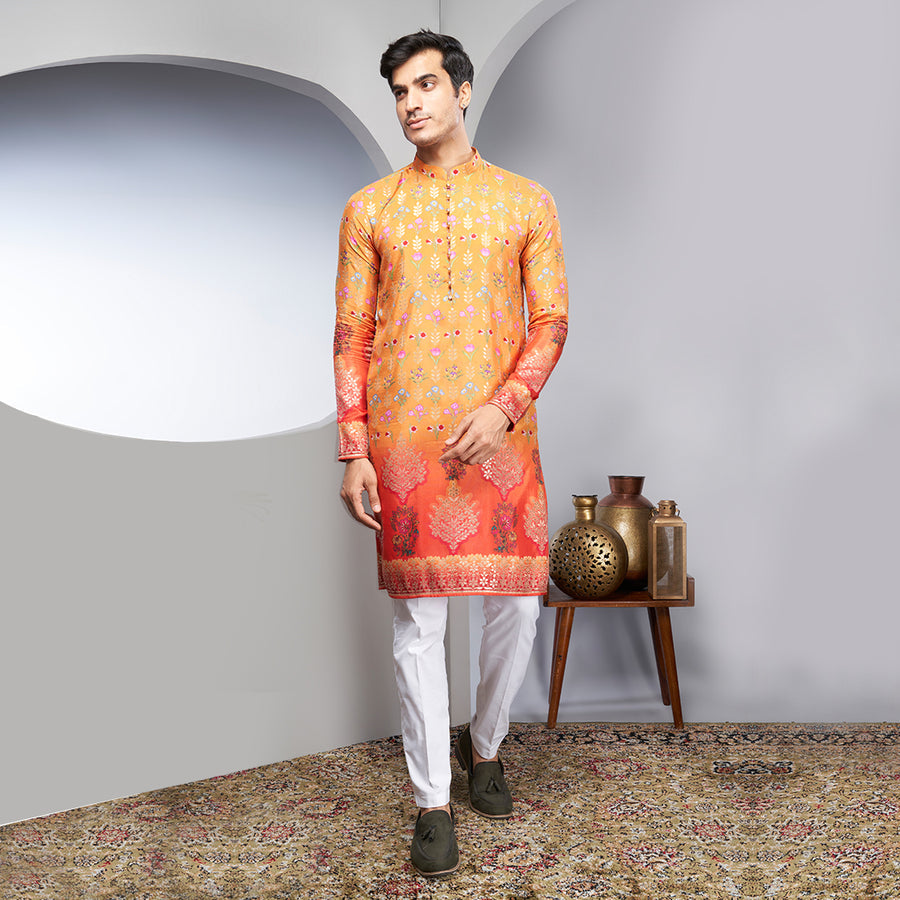 Red And Ochre Floral Printed Kurta
