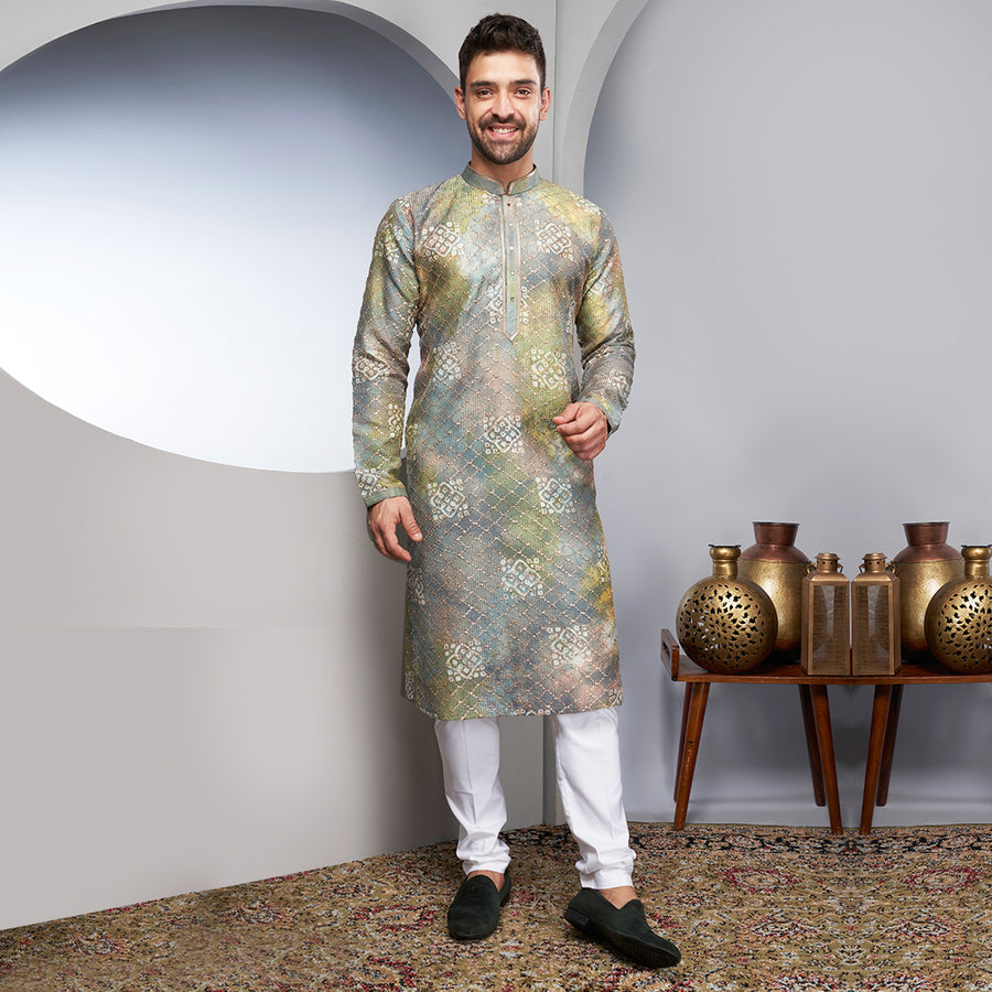 Printed Sequin Work Grey And Green Kurta