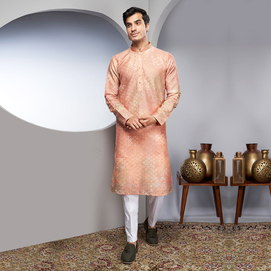 Printed Sequin Work Peach Kurta