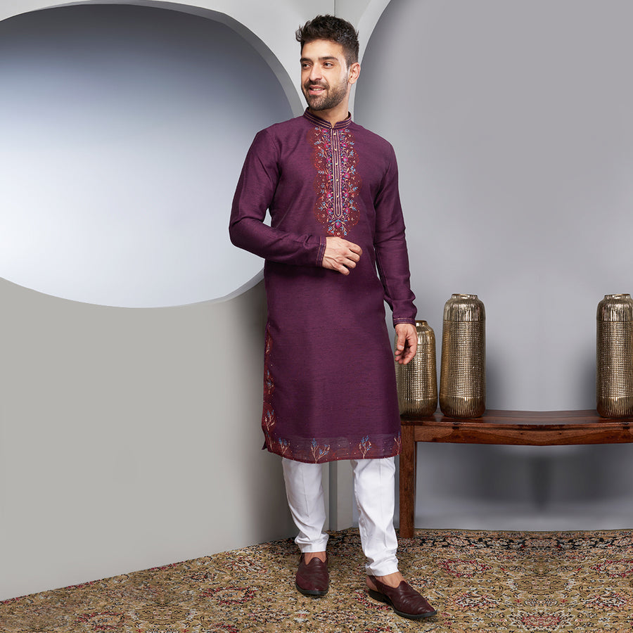 Purple Embroidered Kurta For Men