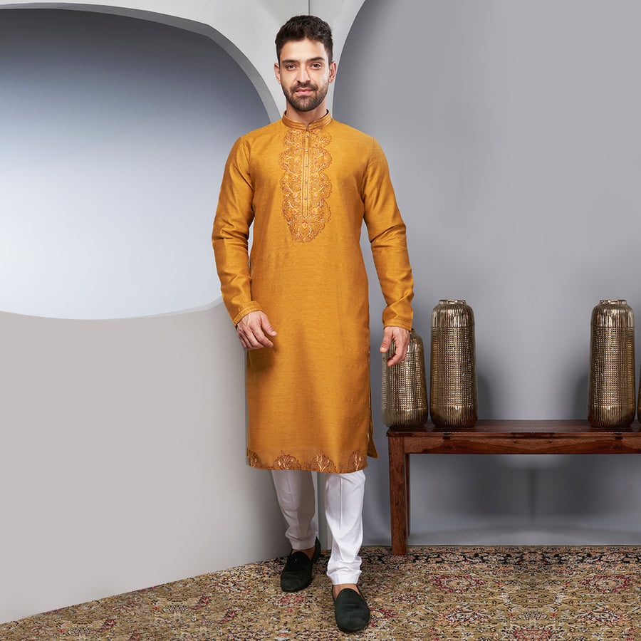 Ochre Hue Embroidered Kurta For Men