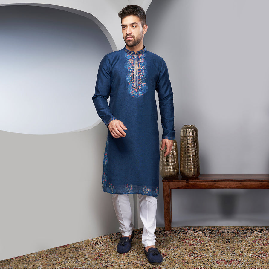 Blue Minimal Embroidered Kurta For Men