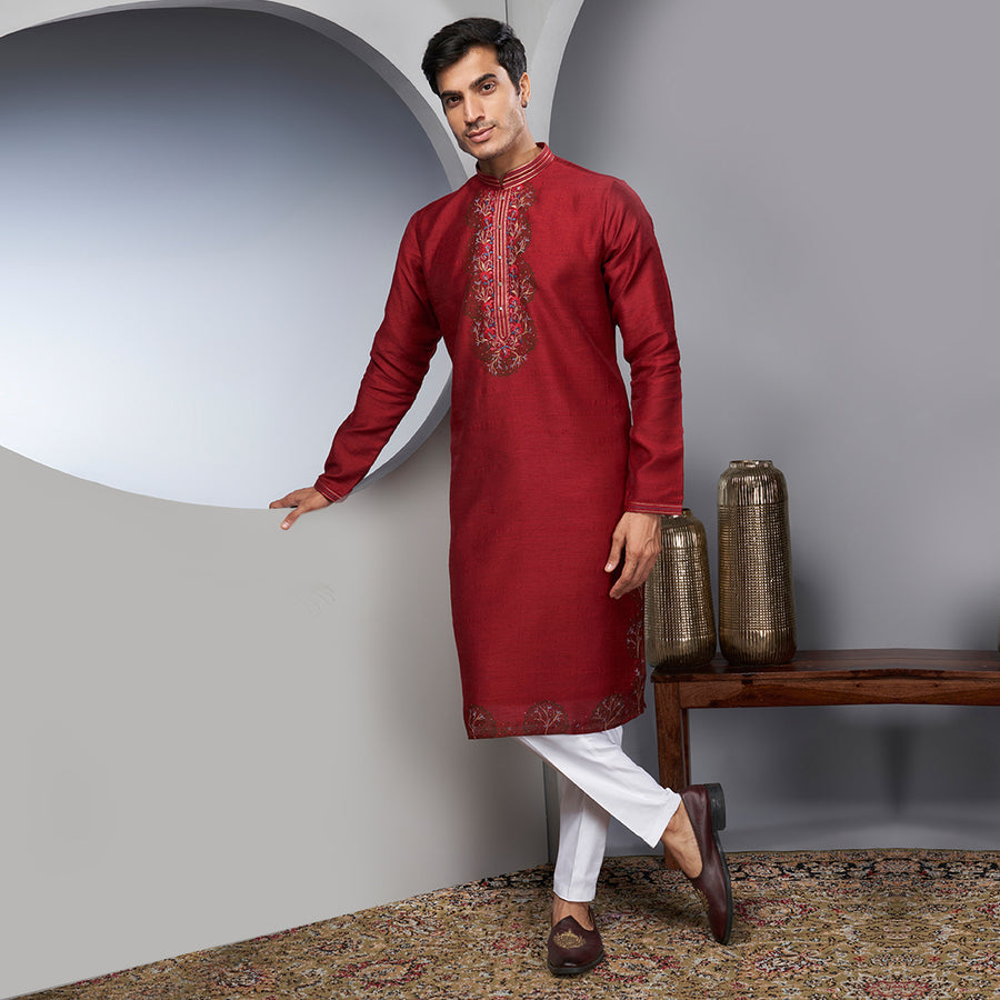 Red Embroidered Kurta For Men