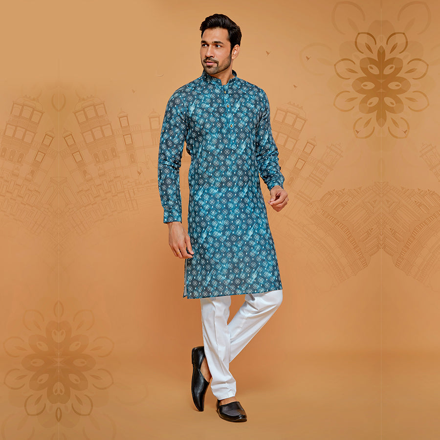 Traditional printed blue kurta for men