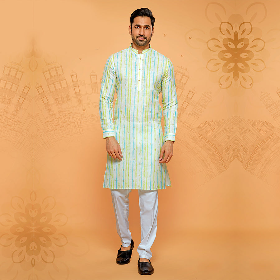White Exquisite Kurta For Men Embellished With Blue And Yellow Stripes