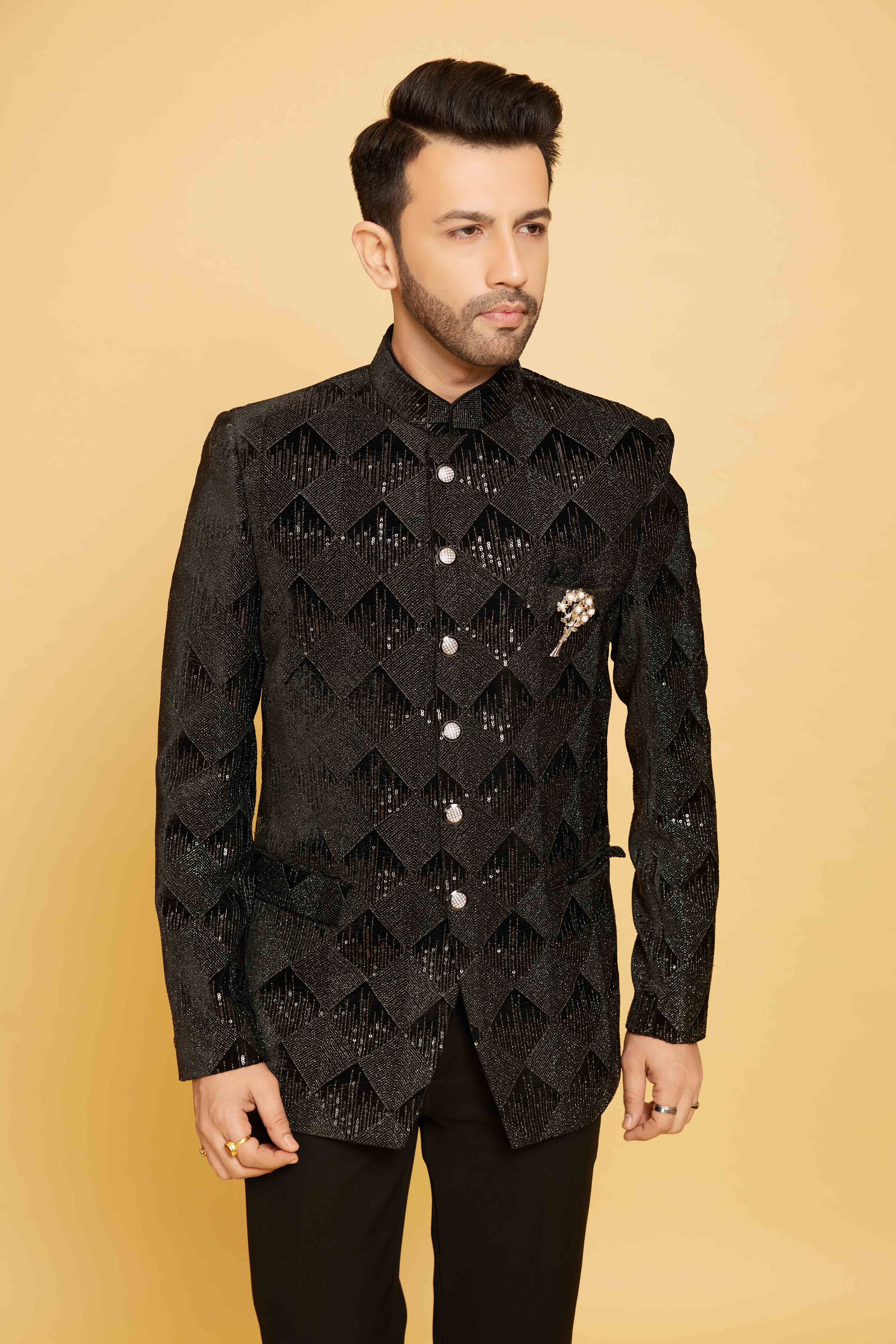 Jacket style threadwork sherwani set in black