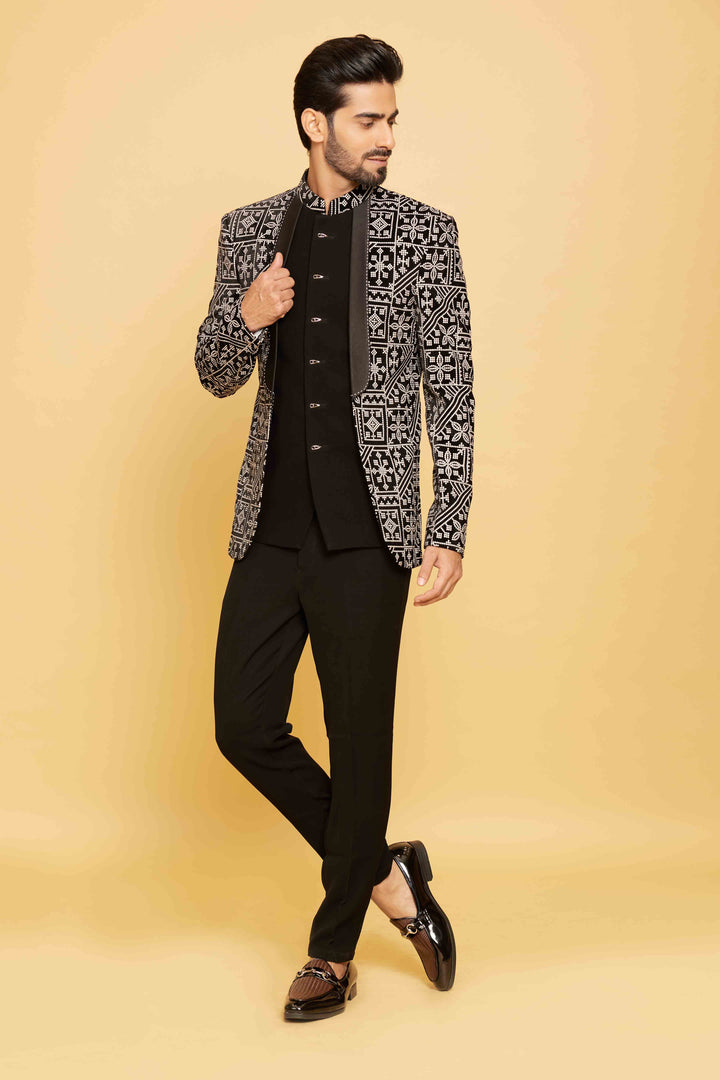 Black and white threadwork indo western jacket set