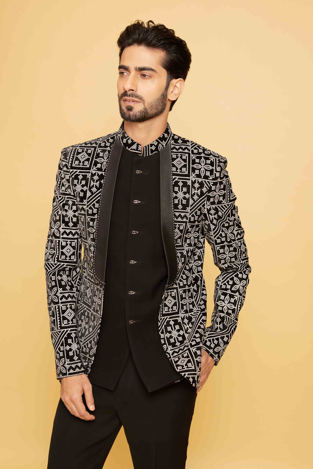 Black and white threadwork indo western jacket set