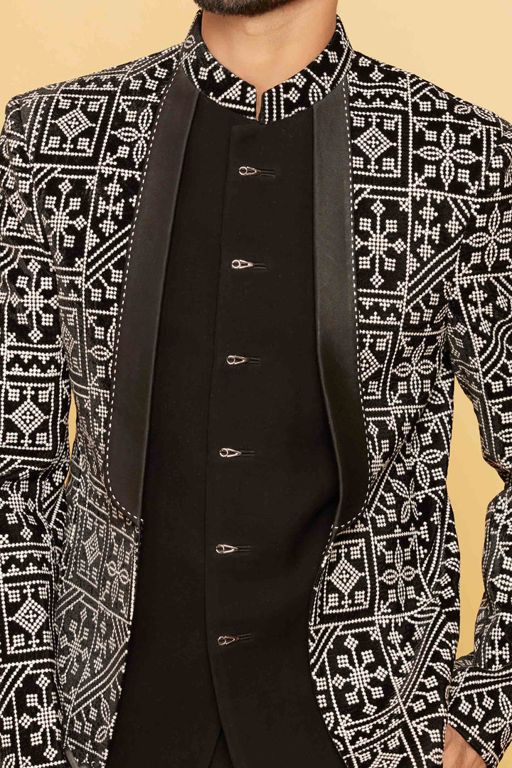 Black and white threadwork indo western jacket set