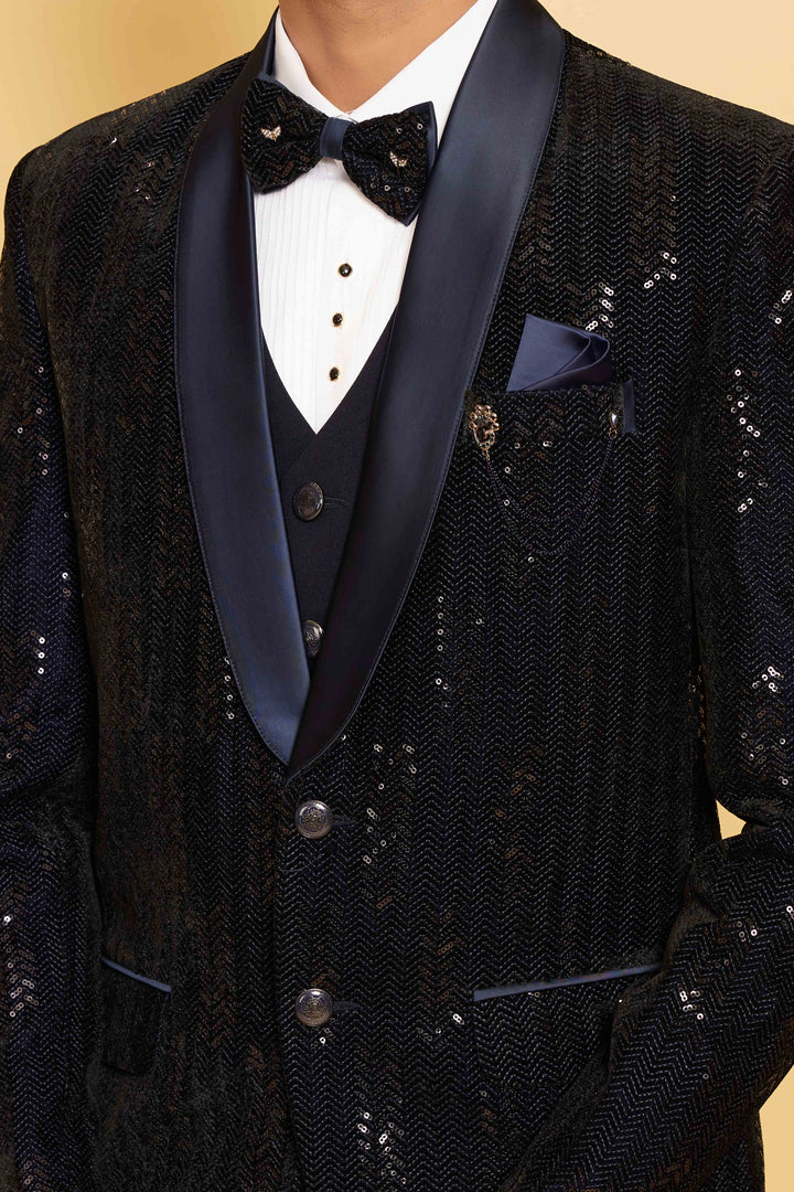 Heavily Sequined Navy Blue Blazer Set