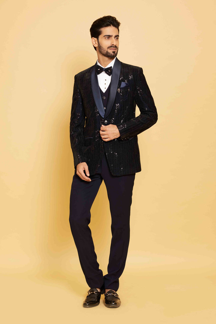 Heavily Sequined Navy Blue Blazer Set