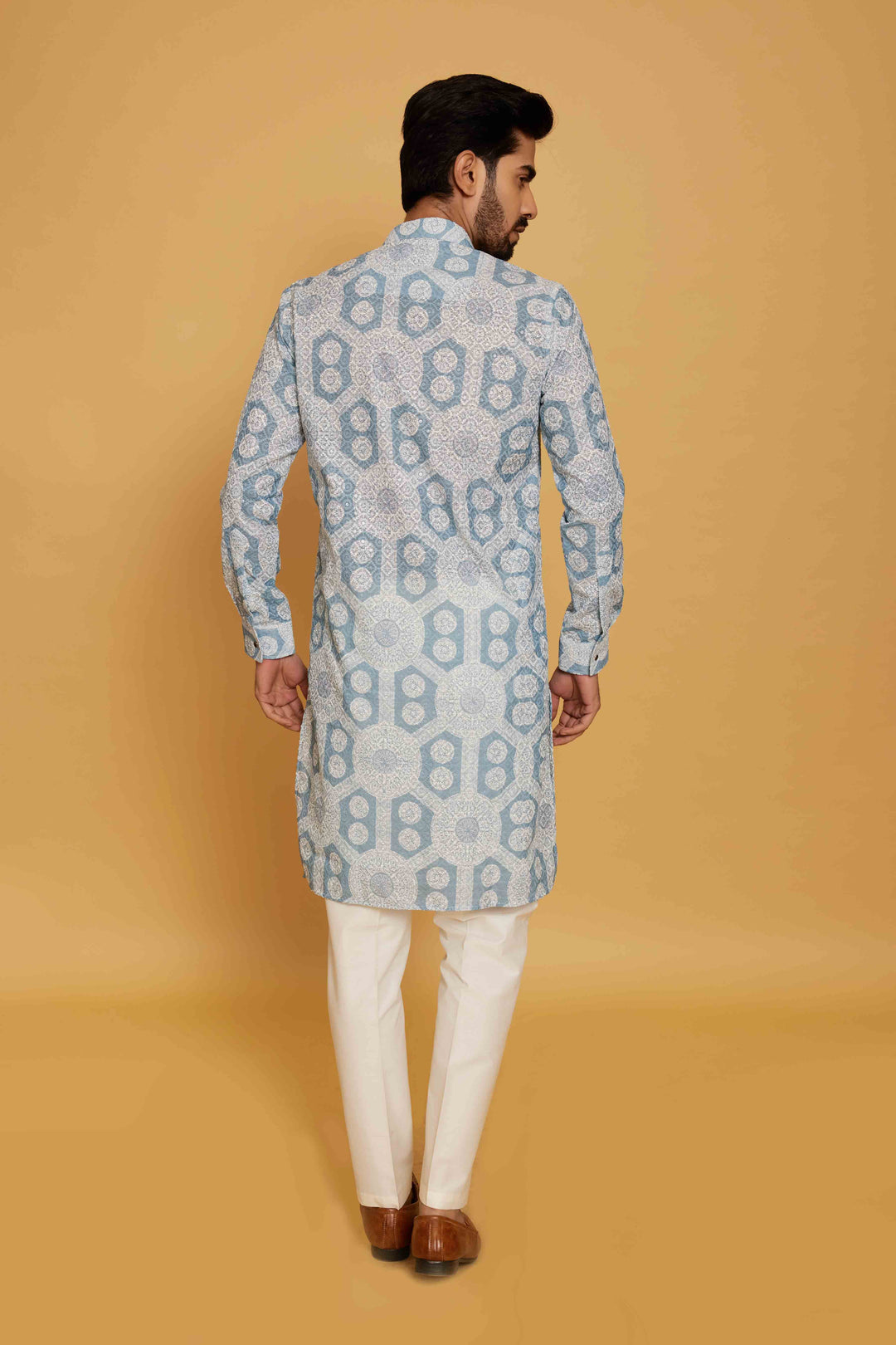 Light Blue Chikankari Printed Kurta for Men