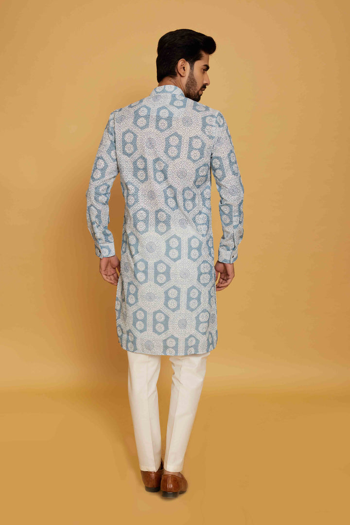 Light Blue Chikankari Printed Kurta for Men