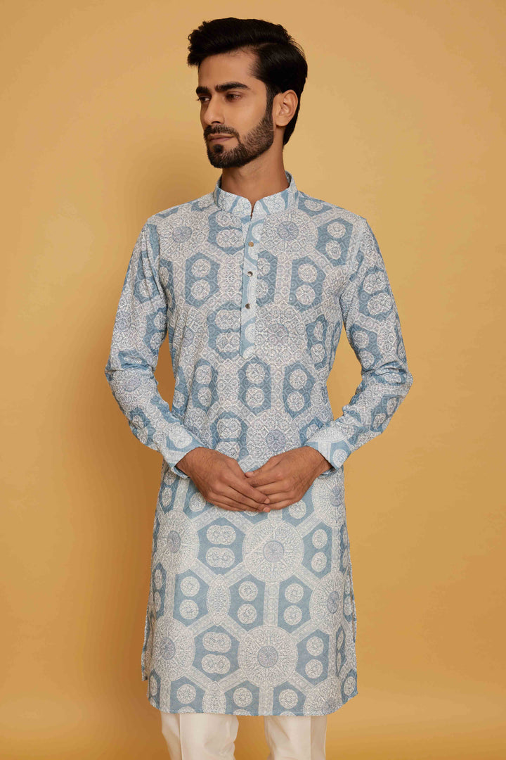 Light Blue Chikankari Printed Kurta for Men