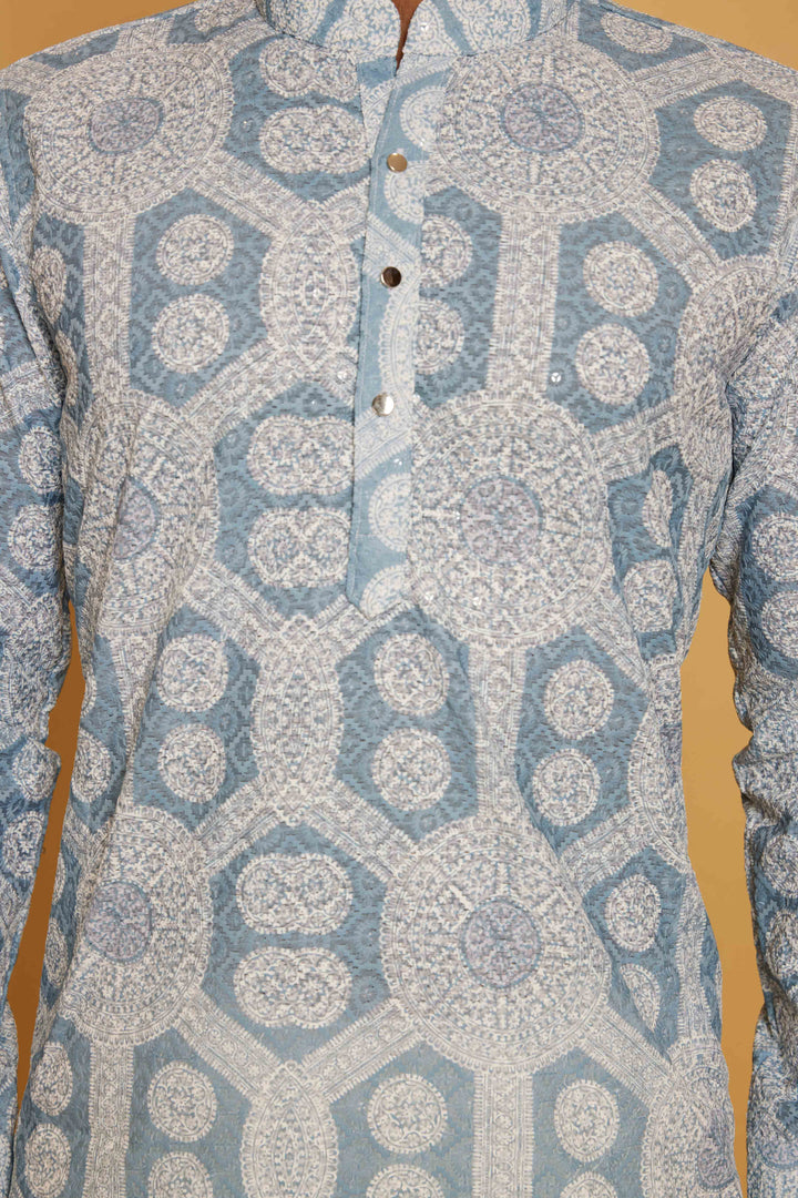 Light Blue Chikankari Printed Kurta for Men