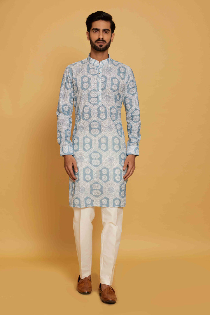 Light Blue Chikankari Printed Kurta for Men