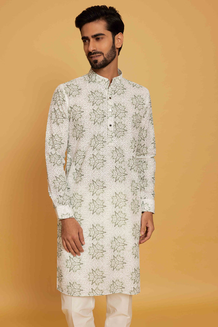 Floral chikainkari kurta in green