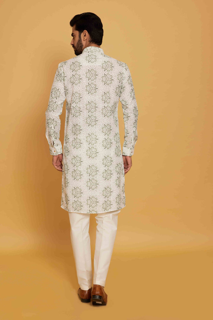 Floral chikainkari kurta in green