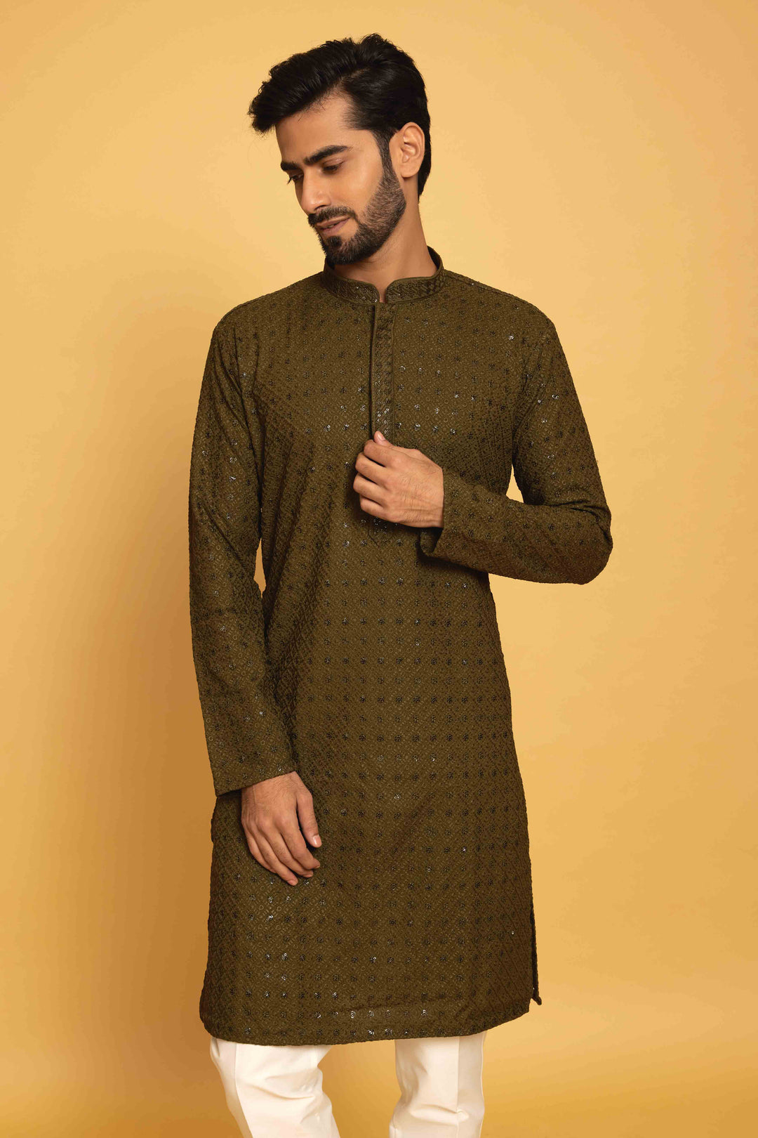 Olive Green Threadwork Kurta for Men