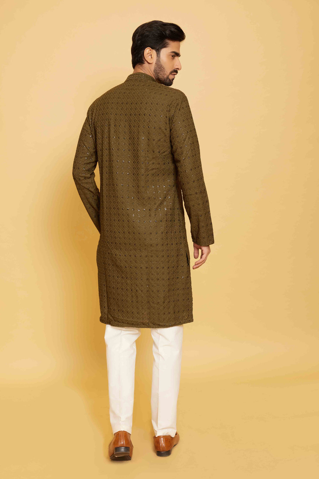 Olive Green Threadwork Kurta for Men