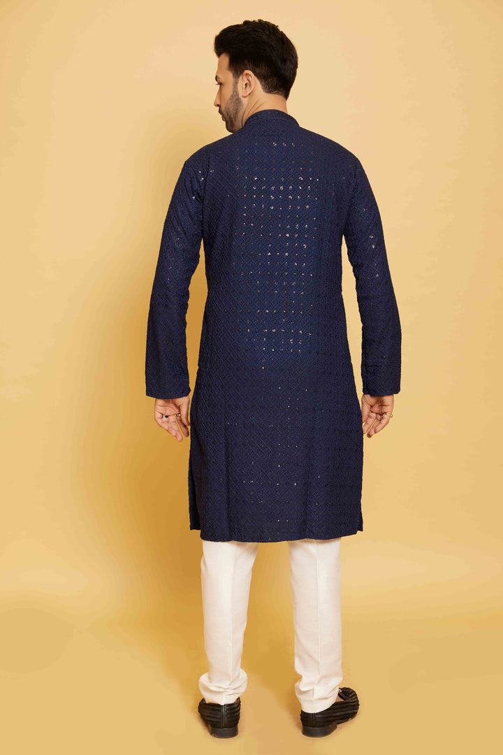 Navy sequin threadwork kurta for men