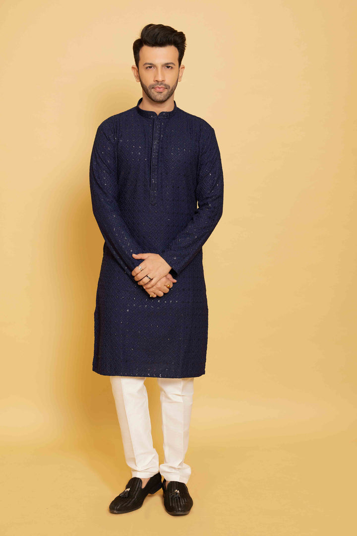 Navy sequin threadwork kurta for men