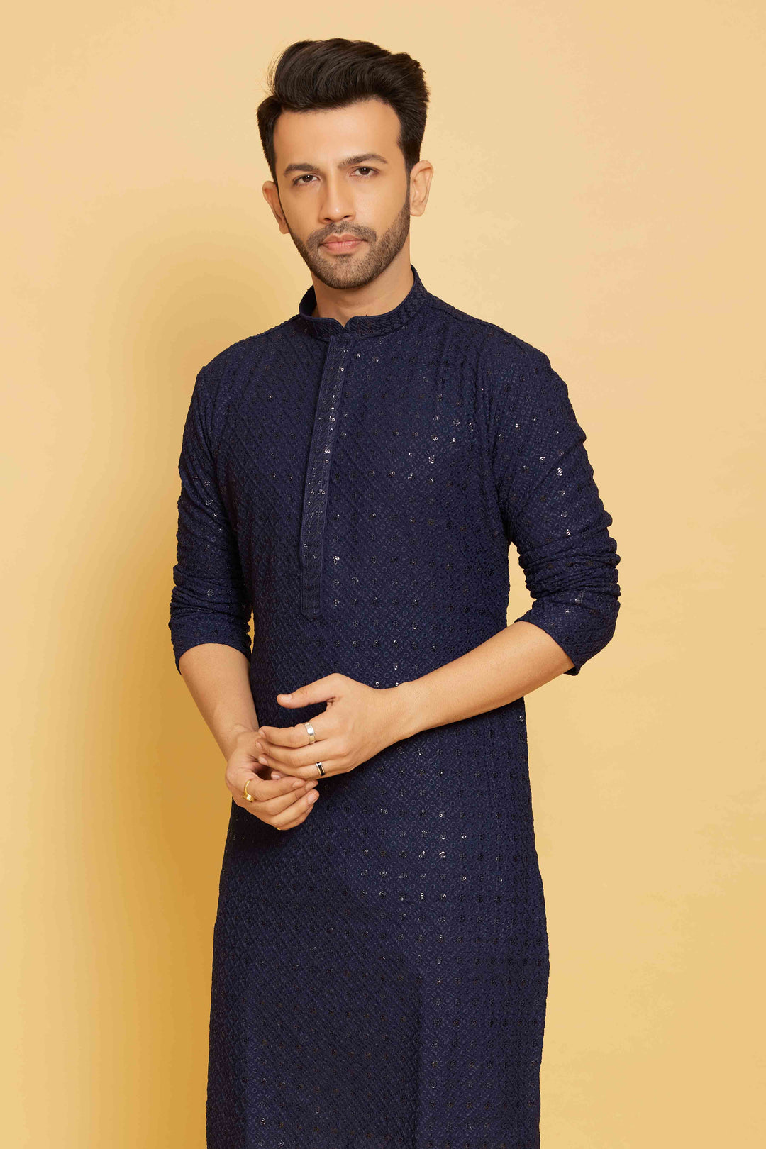 Navy sequin threadwork kurta for men