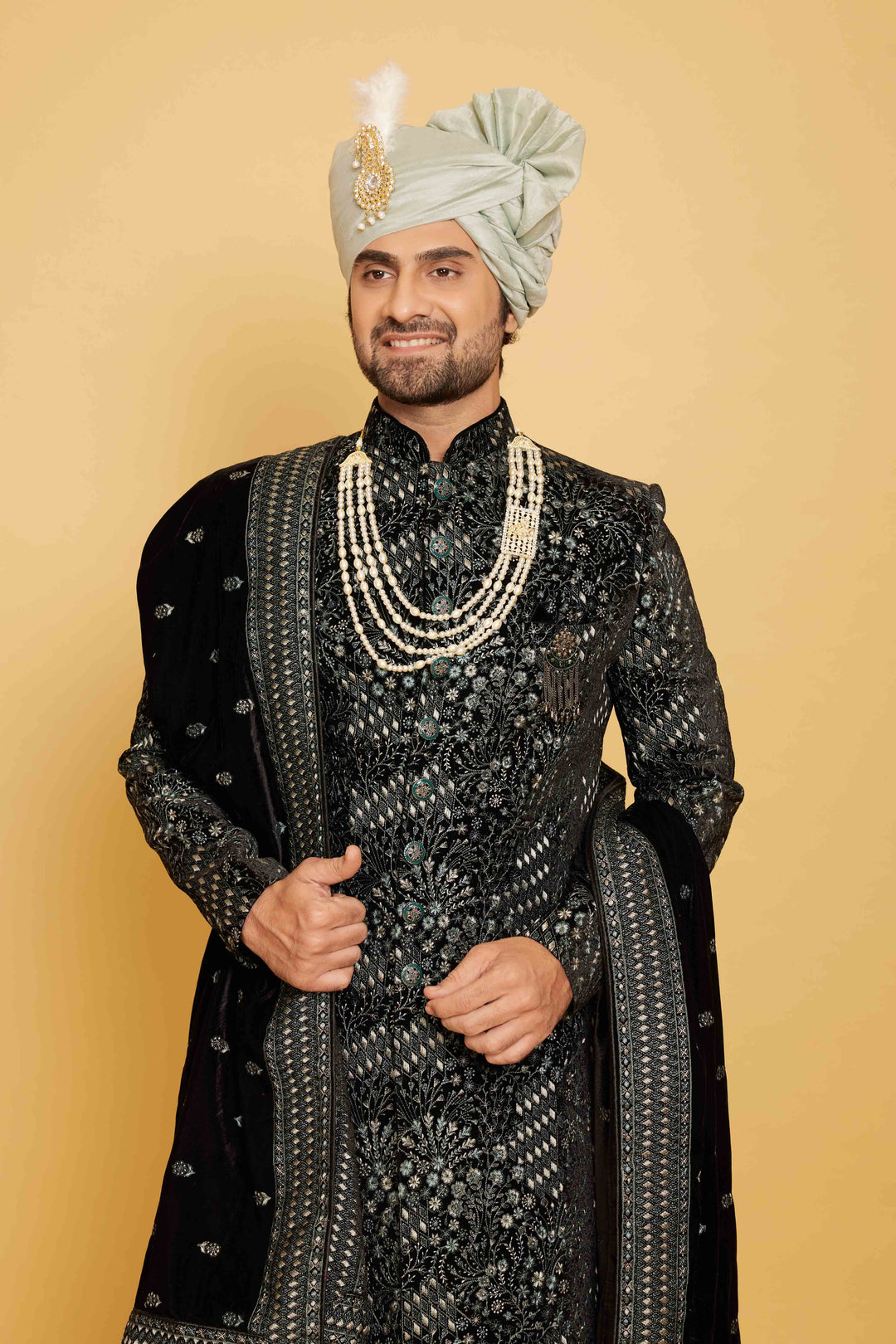 Black and White Embroidered Sherwani Set with Velvet Dupatta