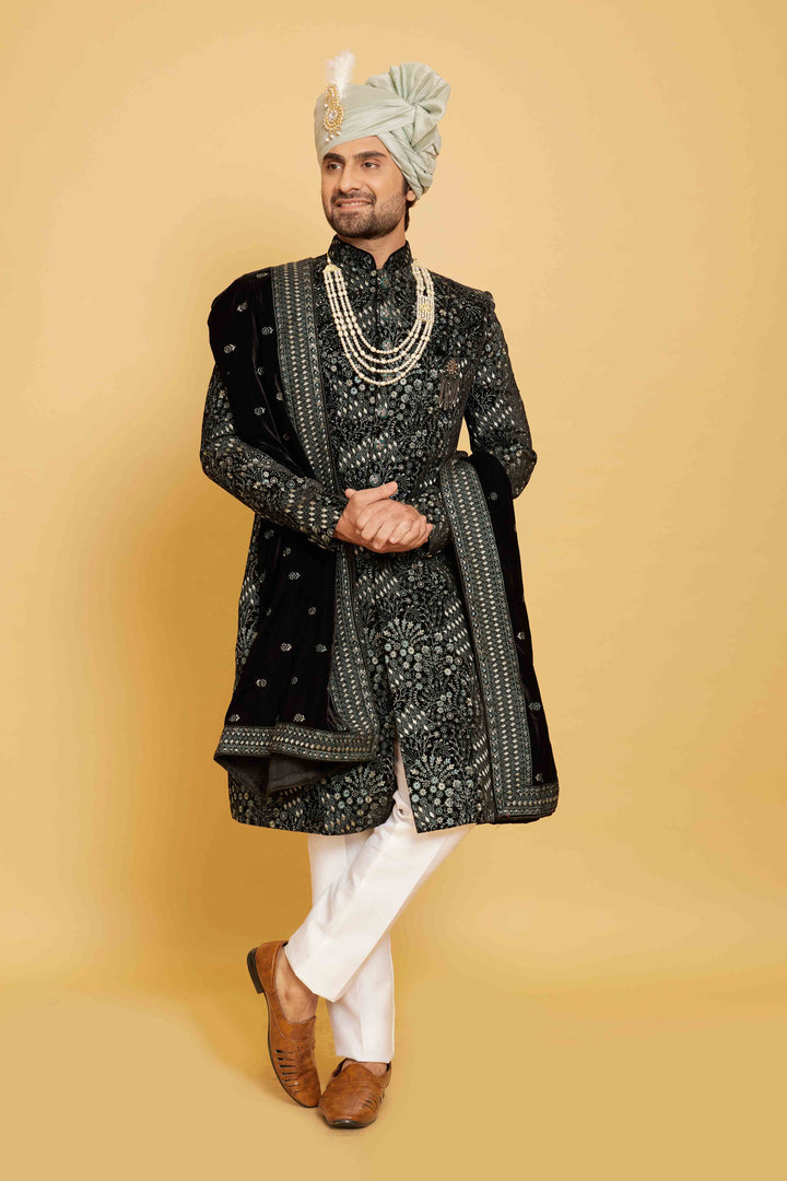 Black and White Embroidered Sherwani Set with Velvet Dupatta