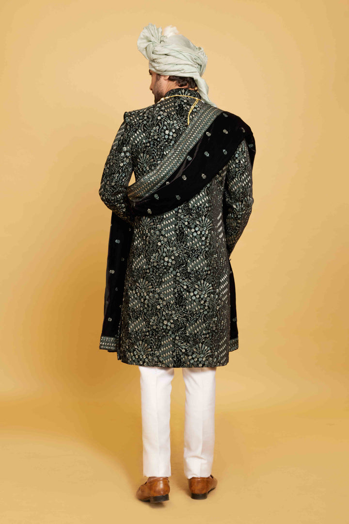 Black and White Embroidered Sherwani Set with Velvet Dupatta