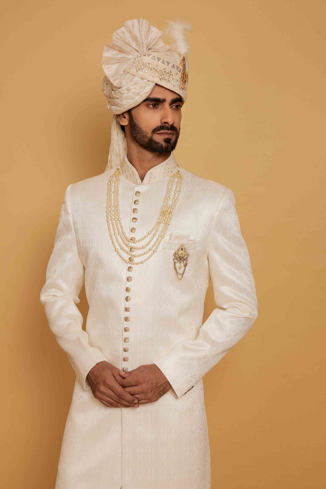 Classic Cream Plain Sherwani Dress for Groom