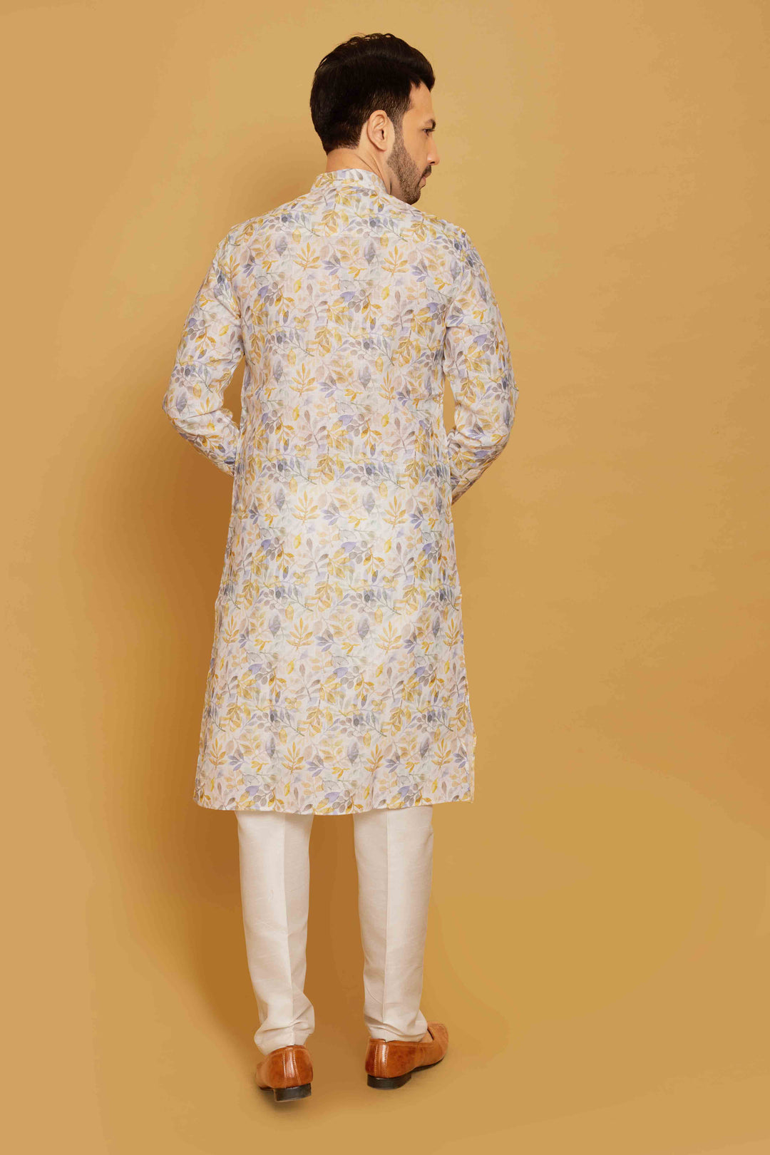 Coveted White Kurta  Yellow Leaf Print