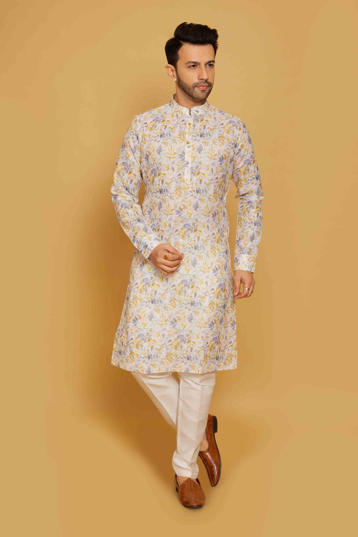 Coveted White Kurta  Yellow Leaf Print