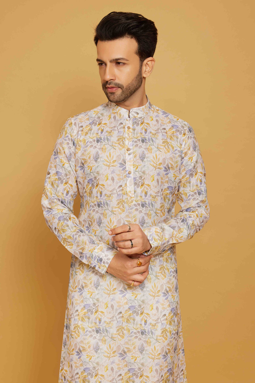 Coveted White Kurta  Yellow Leaf Print