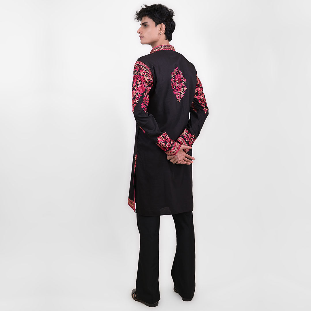 Crimson Bloom Red Floral Black Kurta