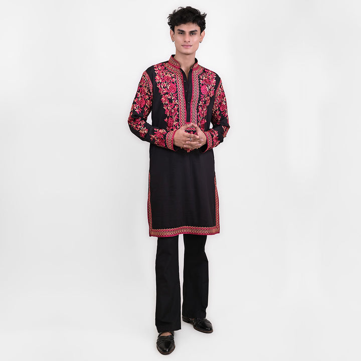 Crimson Bloom Red Floral Black Kurta