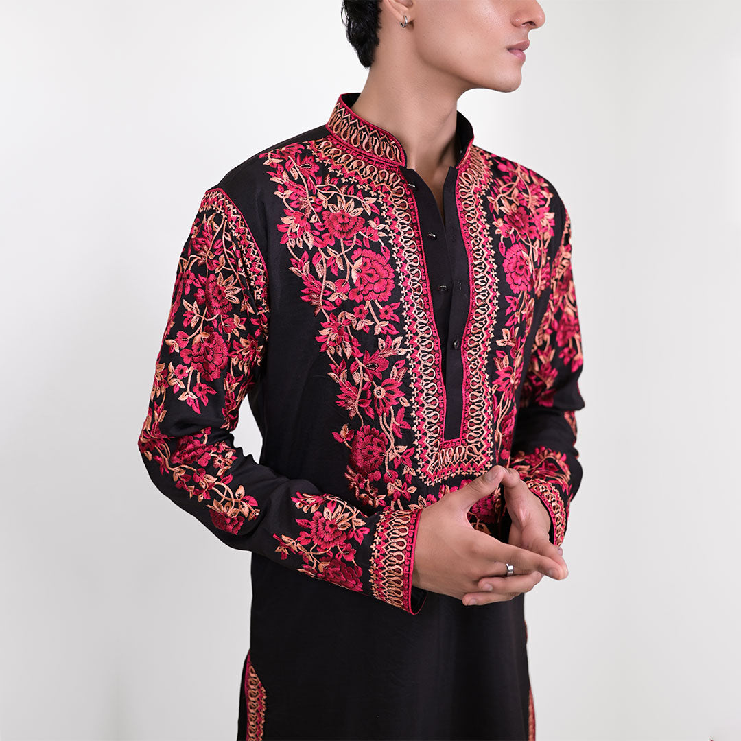 Crimson Bloom Red Floral Black Kurta