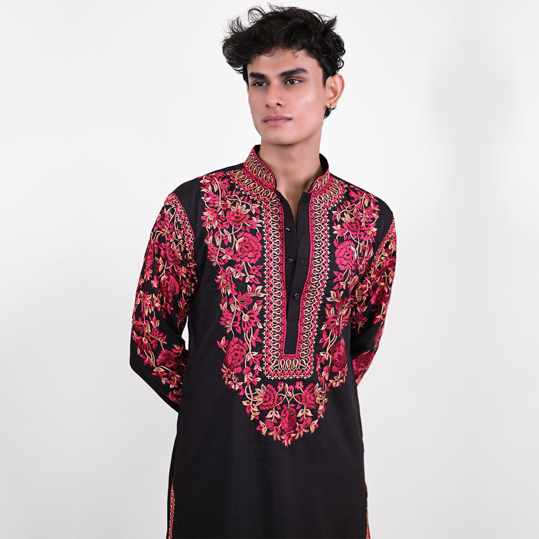 Crimson Bloom Red Floral Black Kurta