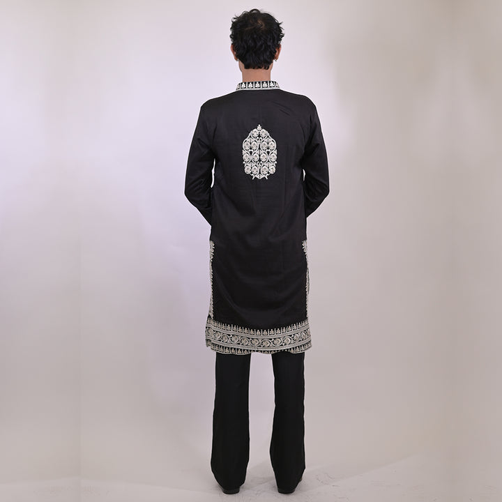 Opulence  White Embroidered Sleek Black Kurta for Men