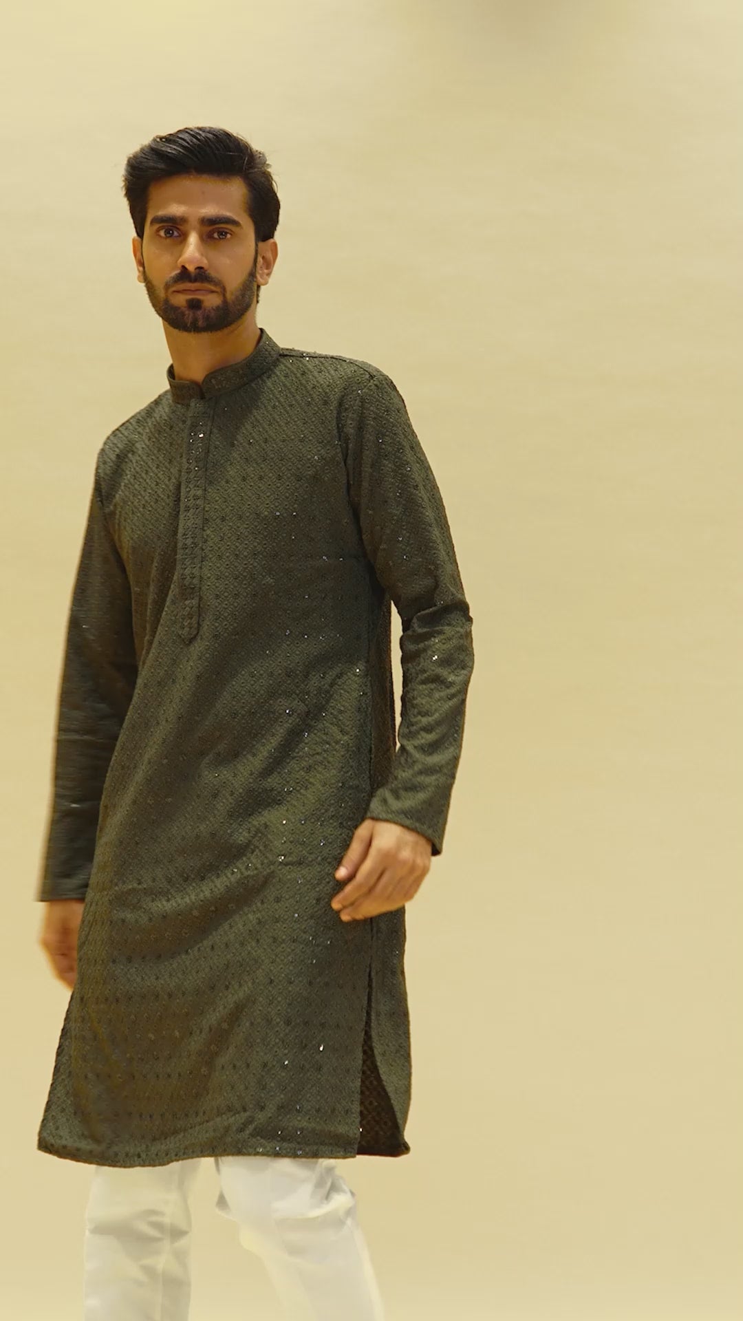 Olive Green Threadwork Kurta for Men