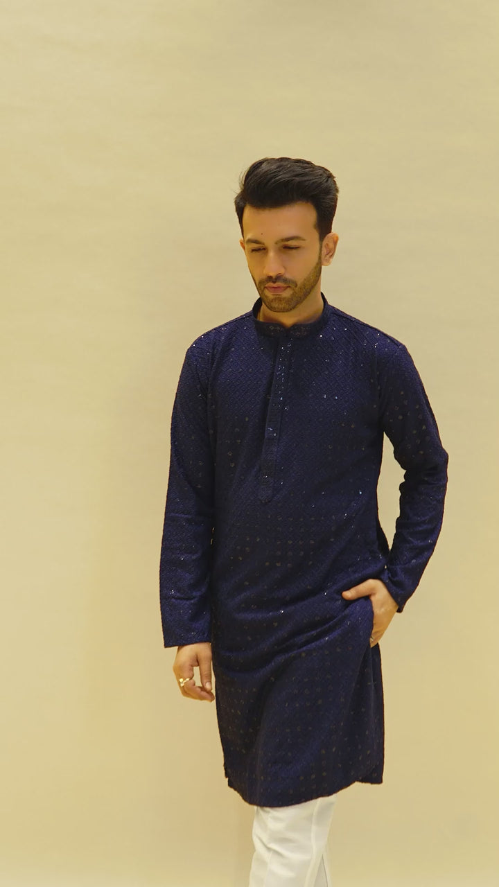 Navy sequin threadwork kurta for men