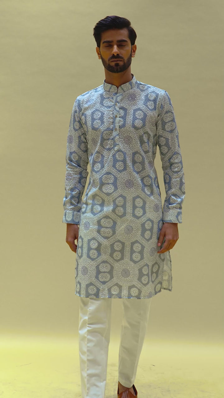 Light Blue Chikankari Printed Kurta for Men