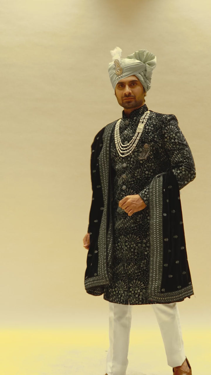 Black and White Embroidered Sherwani Set with Velvet Dupatta